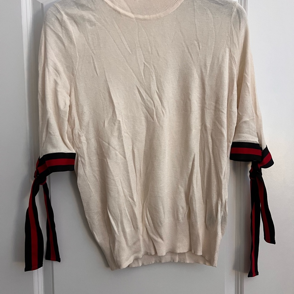 Cream Sweater with Ribbon Accents